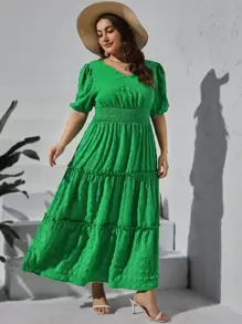 SHEIN VCAY 大碼泡泡袖褶邊荷葉邊連衣裙 - 綠色 - 查看 1