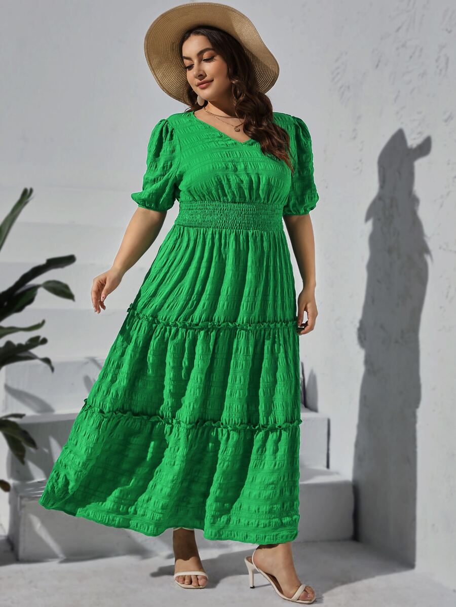 SHEIN VCAY 大碼泡泡袖褶邊荷葉邊連衣裙 - 綠色 - 查看 1
