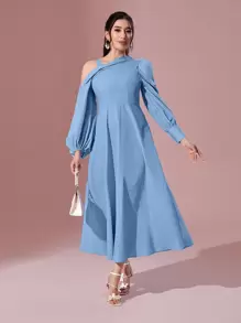 Modelyn 不對稱領燈籠袖褶皺細節連衣裙 - 藍色 - 查看 1