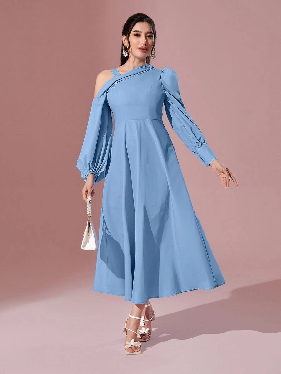 Modelyn 不對稱領燈籠袖褶皺細節連衣裙 - 藍色 - 查看 1