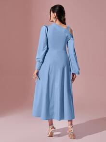 Modelyn 不對稱領燈籠袖褶皺細節連衣裙 - 藍色 - 查看 2