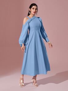 Modelyn 不對稱領燈籠袖褶皺細節連衣裙 - 藍色 - 查看 3