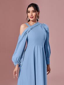 Modelyn 不對稱領燈籠袖褶皺細節連衣裙 - 藍色 - 查看 4