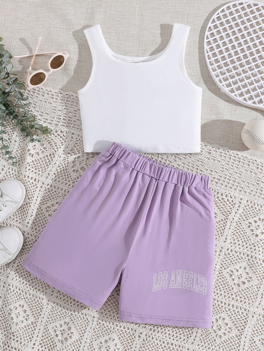 女孩素色背心上衣和字母圖案短褲 - 彩色 - 查看 1