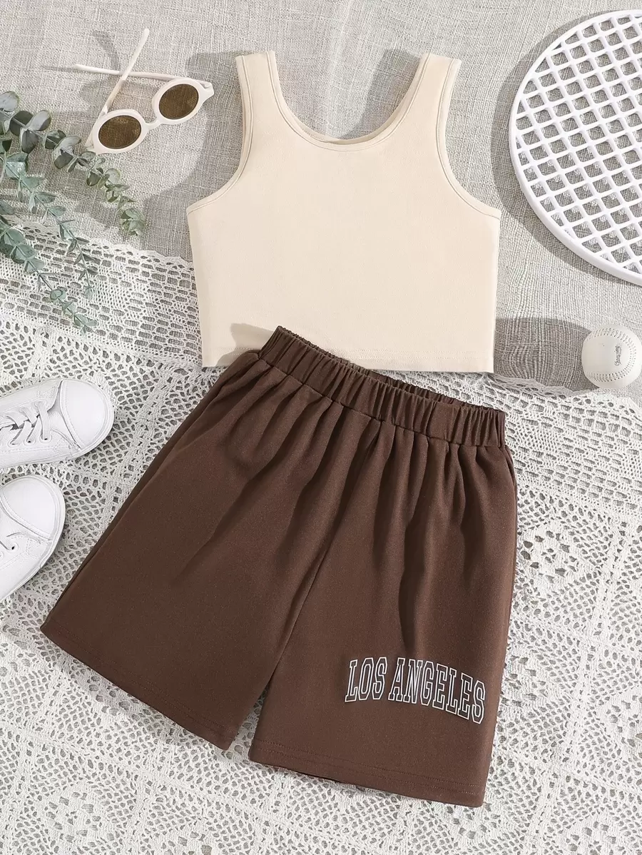 SHEIN 少女實色背心和字母圖案短褲 - 彩色 - 查看 1