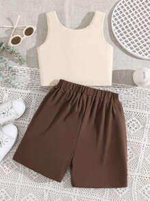 SHEIN 少女實色背心和字母圖案短褲 - 彩色 - 查看 2