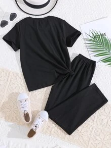 SHEIN Bộ hai mảnh Gái Lá thư Giải trí - màu đen - Xem 2