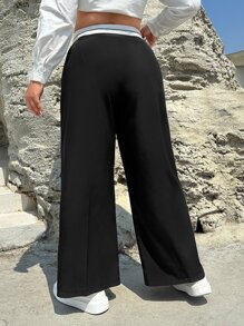 SHEIN EZwear Plus Colourblock Wide Leg Trousers - Black - View 2