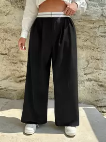 SHEIN EZwear Plus Colourblock Wide Leg Trousers - Black - View 4