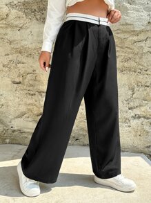 SHEIN EZwear Plus Colourblock Wide Leg Trousers - Black - View 5