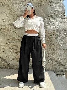 SHEIN EZwear Plus Colourblock Wide Leg Trousers - Black - View 6