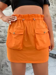 SHEIN EZwear Plus Paperbag Waist Flap Pocket Drawstring Waist Cargo Skirt - Orange - View 1