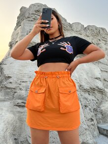 SHEIN EZwear Plus Paperbag Waist Flap Pocket Drawstring Waist Cargo Skirt - Orange - View 5