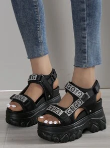 Sandal cao gót đế dày màu đen đính đá thời trang mới mùa hè dành cho nữ, chất liệu vải lưới thoáng khí, nhẹ, chống thấm nước, kiểu dáng hở mũi, có khóa dán, là món đồ cần thiết khi đi du lịch. - màu đen - Xem 3