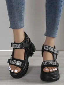 Sandal cao gót đế dày màu đen đính đá thời trang mới mùa hè dành cho nữ, chất liệu vải lưới thoáng khí, nhẹ, chống thấm nước, kiểu dáng hở mũi, có khóa dán, là món đồ cần thiết khi đi du lịch. - màu đen - Xem 4