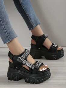 Sandal cao gót đế dày màu đen đính đá thời trang mới mùa hè dành cho nữ, chất liệu vải lưới thoáng khí, nhẹ, chống thấm nước, kiểu dáng hở mũi, có khóa dán, là món đồ cần thiết khi đi du lịch. - màu đen - Xem 5