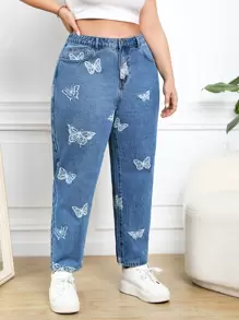 SHEIN Frenchy Jeans de ajuste mom con estampado de mariposa - Azul lavado medio - Ver 1
