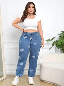 SHEIN Frenchy Jeans de ajuste mom con estampado de mariposa - Azul lavado medio - Ver 5