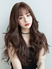 Long Body Wave Synthetic Wig With Bangs - Dark Brown - View 1