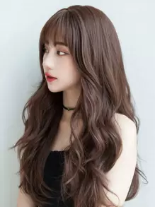 Long Body Wave Synthetic Wig With Bangs - Dark Brown - View 4