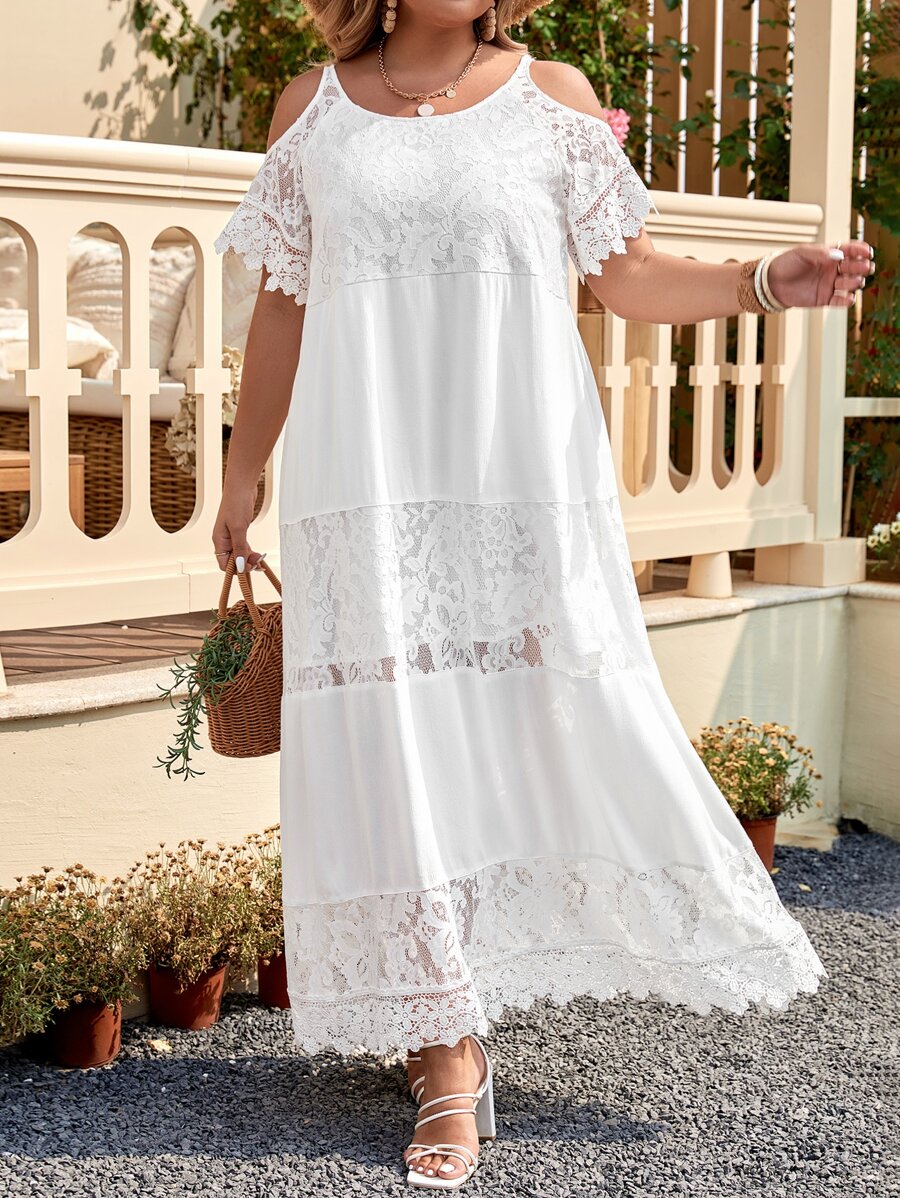 SHEIN VCAY Plus Contrast Lace Cold Shoulder Ruffle Hem Dress - White - View 1