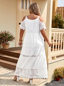 SHEIN VCAY Plus Contrast Lace Cold Shoulder Ruffle Hem Dress - White - View 2