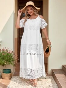 SHEIN VCAY Plus Contrast Lace Cold Shoulder Ruffle Hem Dress - White - View 4