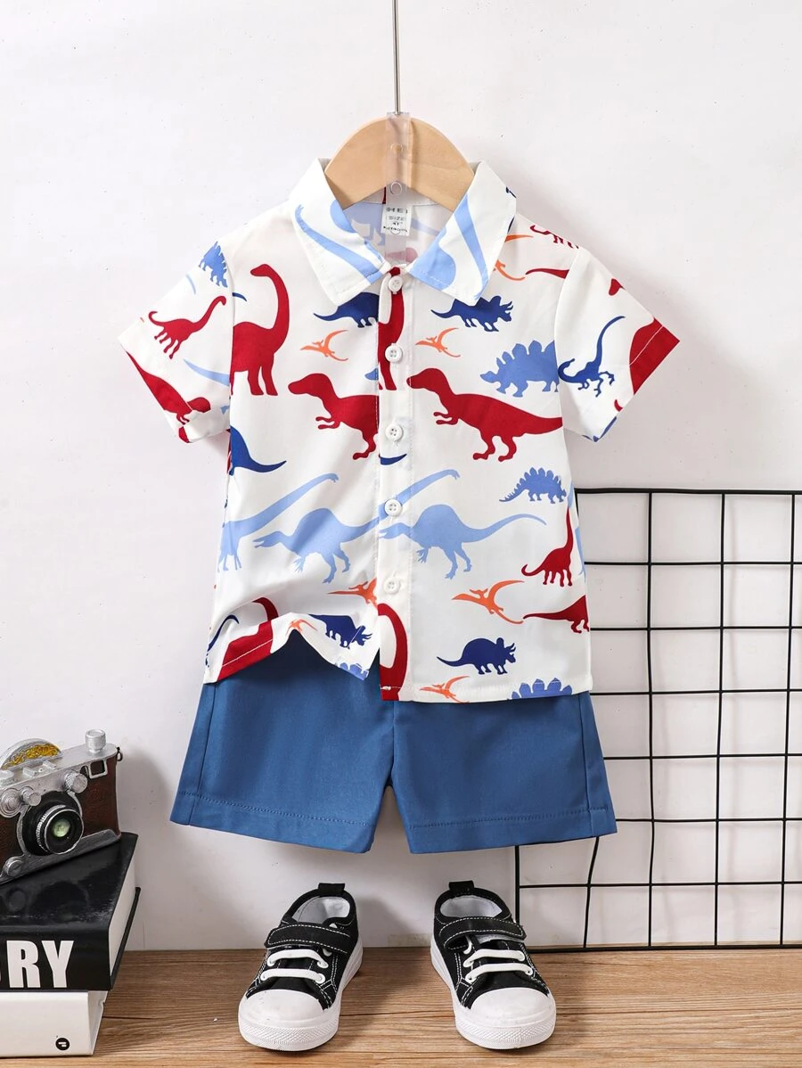 SHEIN 小男童恐龍印花襯衫和短褲