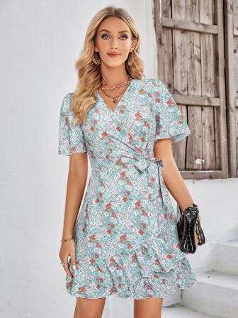 Ditsy Floral Print Knot Side Ruffle Hem Wrap Dress