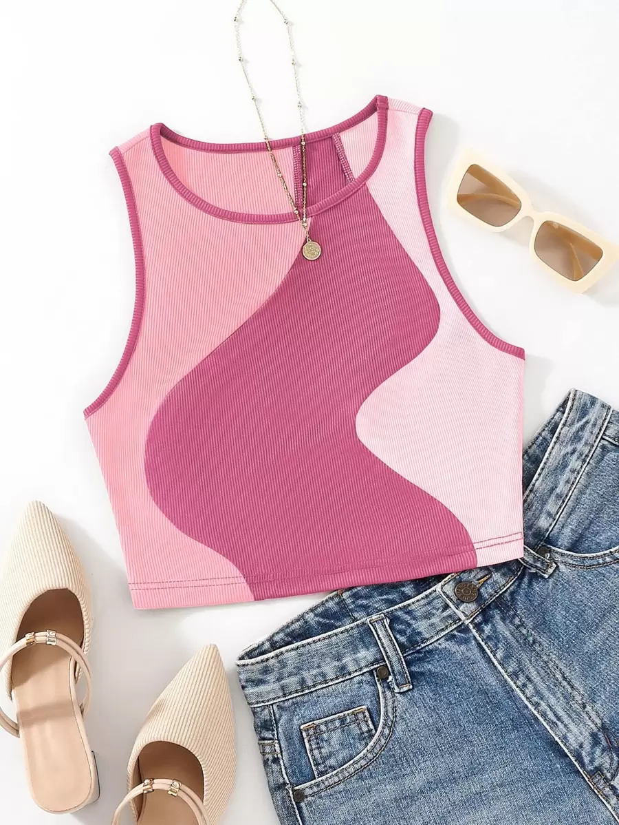 SHEIN Unity Áo ba lỗ phối màu tương phản, áo thun họa tiết cho nữ - Hồng - Xem 1