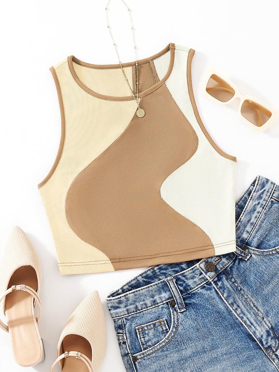 SHEIN Unity Color Block Contrast Binding Tank Top - Khaki - View 1