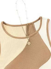 SHEIN Unity Color Block Contrast Binding Tank Top - Khaki - View 3