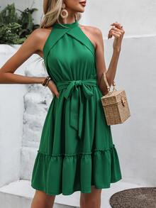 SHEIN VCAY Vestido halter unicolor bajo con fruncido con cinturón