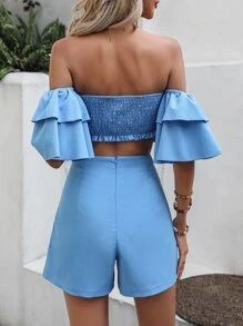Breezaya Off Shoulder Ruffle Trim Crop Blouse & Shorts - Blue - View 2
