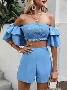 Breezaya Off Shoulder Ruffle Trim Crop Blouse & Shorts - Blue - View 3