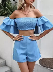 Breezaya Off Shoulder Ruffle Trim Crop Blouse & Shorts - Blue - View 5