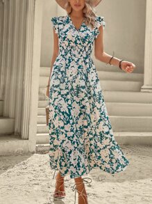 SHEIN VCAY Vestido con estampado floral ribete con fruncido bajo con fruncido