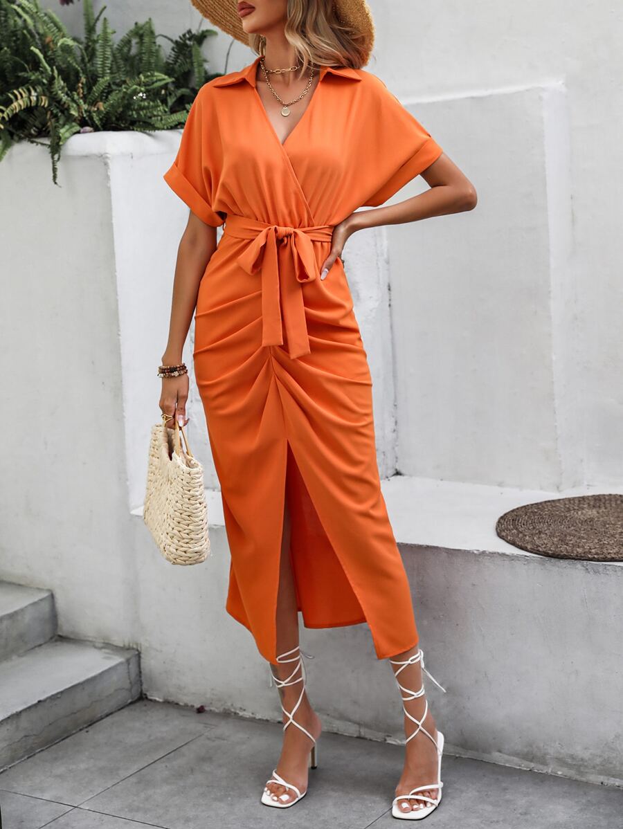 Breezaya Đầm Thắt lưng Xù Tách cao màu trơn Thanh lịch - trái cam - Xem 1