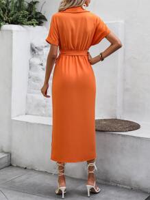 Breezaya Đầm Thắt lưng Xù Tách cao màu trơn Thanh lịch - trái cam - Xem 2
