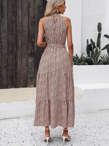 Breezaya Allover Print Ruffle Hem Belted Halter Dress - Multicolor - View 2