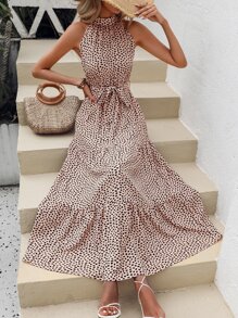 Breezaya Allover Print Ruffle Hem Belted Halter Dress - Multicolor - View 4