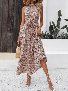Breezaya Allover Print Ruffle Hem Belted Halter Dress - Multicolor - View 5