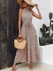 Breezaya Allover Print Ruffle Hem Belted Halter Dress - Multicolor - View 6