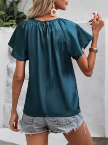 SHEIN Clasi Keyhole Neckline Butterfly Sleeve Satin Blouse - Teal Blue - View 2