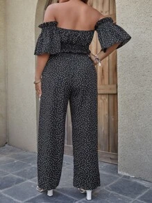 SHEIN LUNE Plus Polka Dot Off Shoulder Crop Top & Wide Leg Trousers - Black - View 2