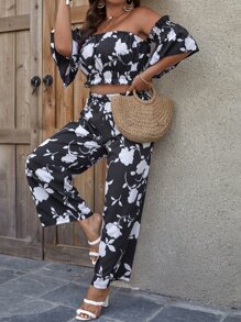 Mulvari Plus Floral Print Off Shoulder Crop Top & Wide Leg Trousers - Black and White - View 1