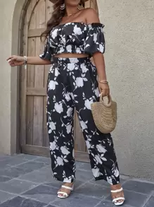 Mulvari Plus Floral Print Off Shoulder Crop Top & Wide Leg Trousers - Black and White - View 4