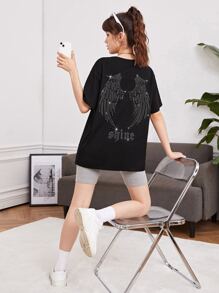SHEIN Teen Girls Rhinestone Wing Pattern Drop Shoulder Tee - Black - View 6