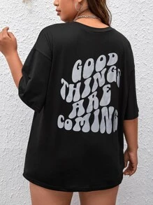 SHEIN EZwear Áo thun Plus size Slogan Giải trí - màu đen - Xem 2