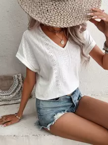 SHEIN Frenchy Áo thun nữ Tranh thêu màu trơn Giải trí - trắng - Xem 3